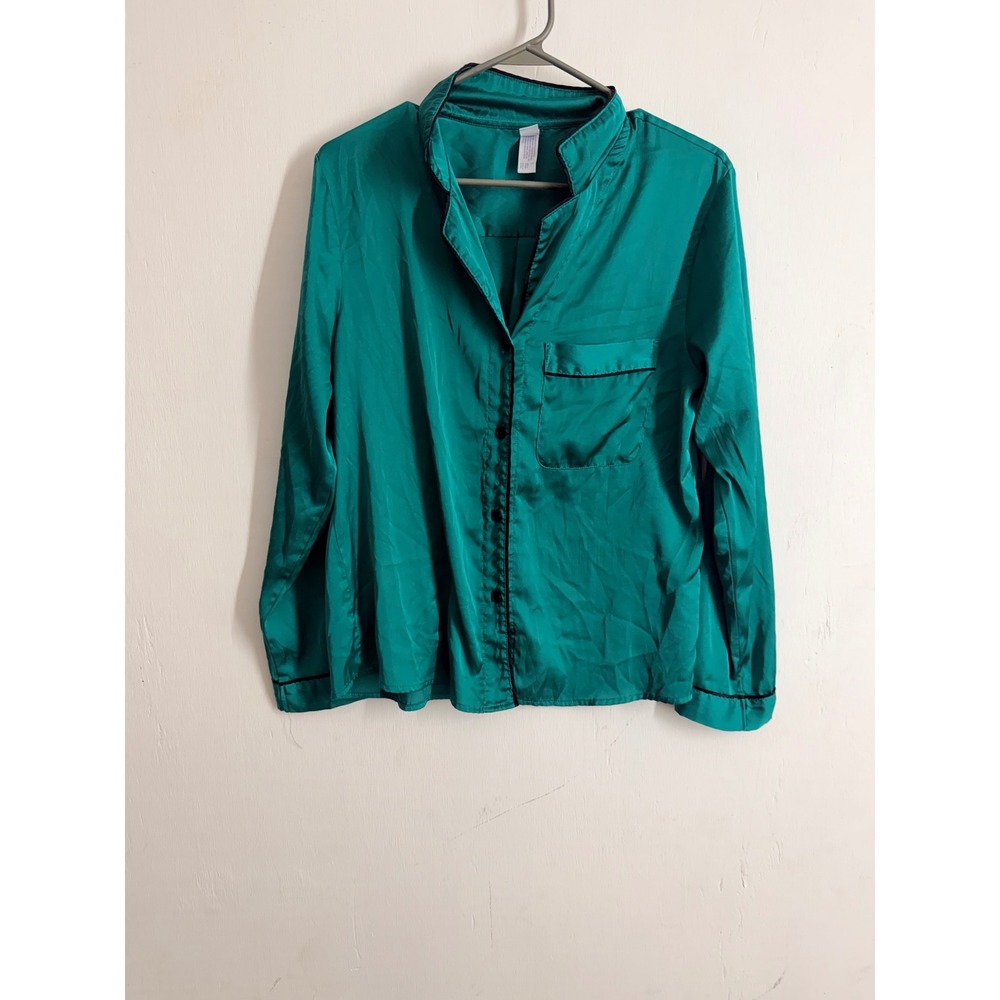 Stars Above Emerald Green Satin Pajama Top Long Sleeve Button Down Small